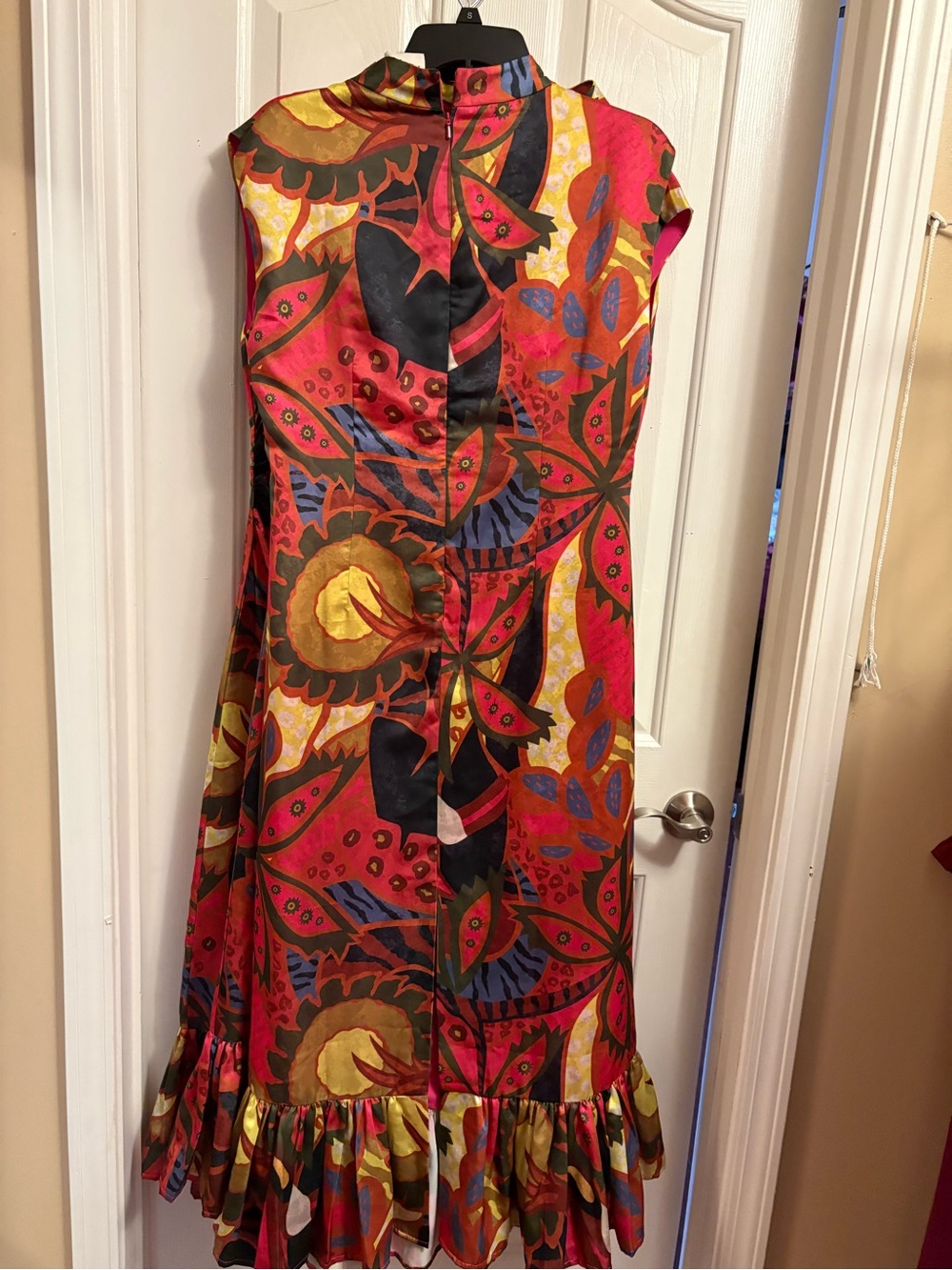 Sleeveless Red Floral-Abstract Maxi Dress with Ruffle Hem